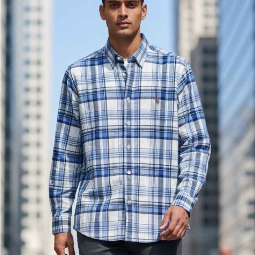 Ralph Lauren White/Blue Checkered Classic Fit Polo Logo Button Down Shirt‎